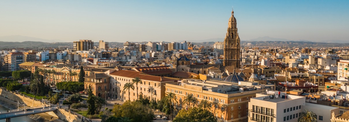 Cityscape of Murcia before sunset. Aerial view